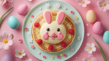 create a 3D model of a springtime Easter meal a smiling pancake bunny on a plate with raspberry ears