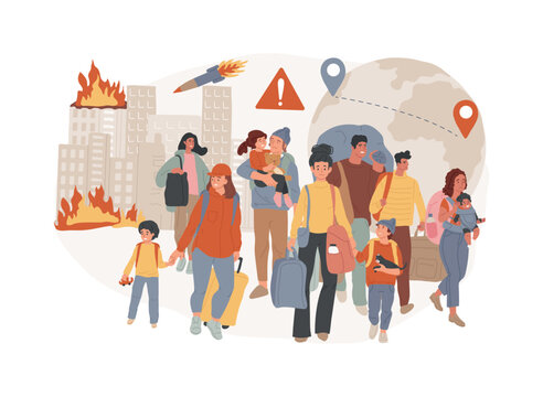 Forced migration isolated concept vector illustration. Movement of people, forced displacement, refugee group, run from war, travelling with bags, return home, displaced persons vector concept.