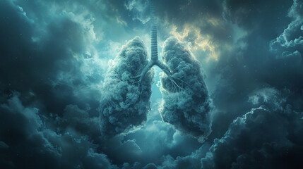photorealistic portrayal of lungs amidst swirling fog detailed with a surreal vibe - obrazy, fototapety, plakaty