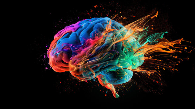 Human Brain Exploding with Knowledge and Creativity. Colorful. Ink Drop. Black Background. Creative and Abstract Brain.