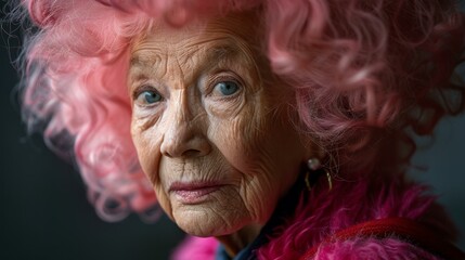An older woman with pink hair and a fur coat. Generative AI.