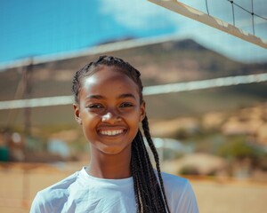 A young girl smiling while standing in front of a volleyball net. Generative AI.
