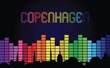 Black panorama of city of Copenhagen on multi colored music equalizer with multi colored inscription of the name of the city on black background