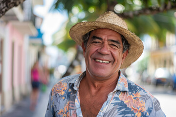 Fototapeta premium A man wearing a straw hat is smiling for the camera