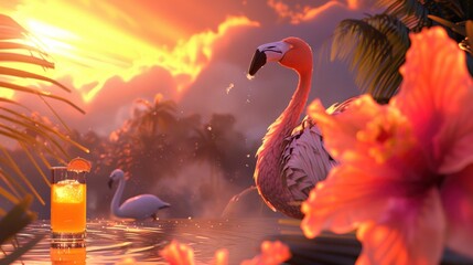 a flamingo standing in a body of water next to a bunch of flowers and a glass of orange juice.