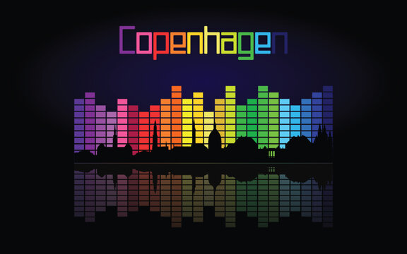 Black panorama of city of Copenhagen on multi colored music equalizer with  reflection of city and music equalizer with multi colored inscription of the name of the city on black background