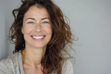 Fototapeta premium A woman with long hair is smiling for the camera
