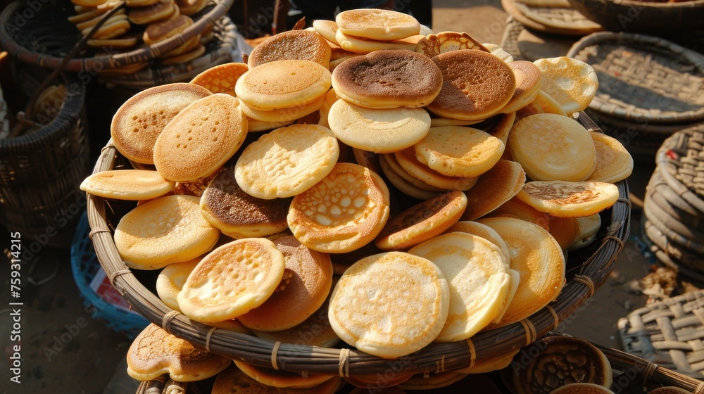 Poster a basket filled with lots of cookies sitting on top of a table next to baskets filled with cookies o