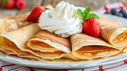 a white plate topped with crepes covered in whipped cream and a strawberry on top of each of the crepes.