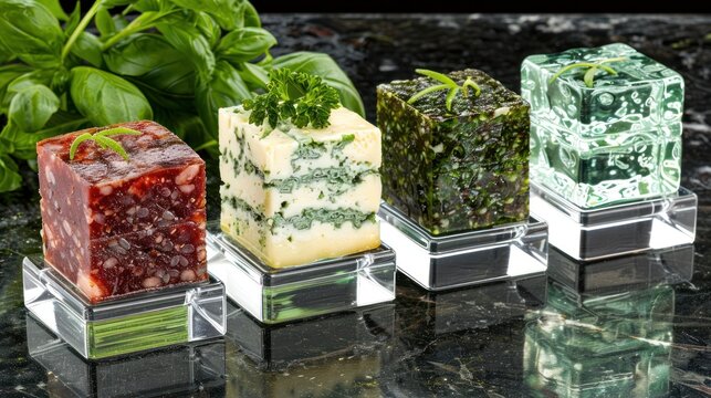 a group of four different types of soaps on a black surface with a green plant in the back ground.