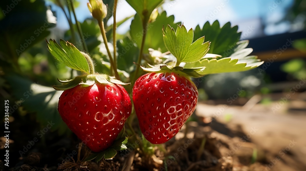 Wall mural Nature's Sweet Bounty: A Delicate Duo of Ripe Strawberries, Hanging in Perfect Harmony from Their Verdant Branch, Promising Juicy Indulgence and the Essence of Summer's Blissful Abundance.






 - Wall murals