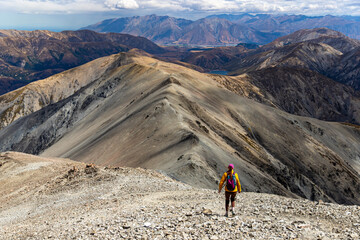hiker girl enjoys the panorama of southern alps walking alongside a ridge between castle hill peak...