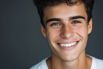 A young man with freckles on his face smiles for the camera - obrazy, fototapety, plakaty