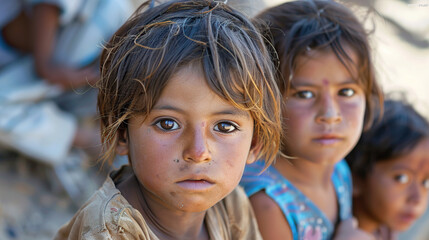 Sad serious Multiethnic poor little children looking at the camera