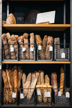 Freshly baked loaves of bread on a market stall