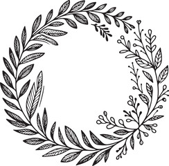 simple minimal hand-drawn sketch line art Floral frame. Floral wreath with leaves. Decorative elements for design. Vector Illustration.