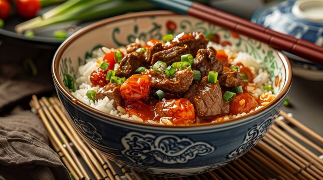 A Chinese-style image showcasing tomato beef stew with rice for a baby food recipe, set against a background that evokes traditional Chinese elements