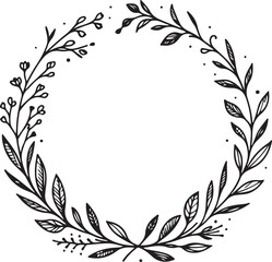 simple minimal hand-drawn sketch line art Floral frame. Floral wreath with leaves. Decorative elements for design. Vector Illustration.