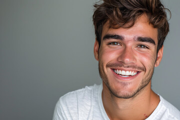 Fototapeta premium A young man with a beard is smiling for the camera