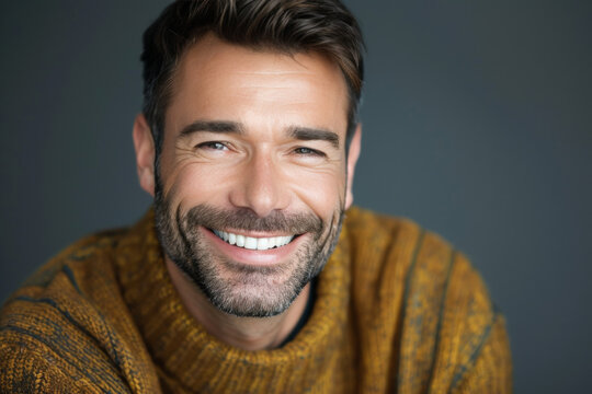 A man with a beard wearing a yellow sweater smiles for the camera