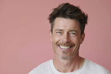 Fototapeta premium A man in a white shirt is smiling with a pink background