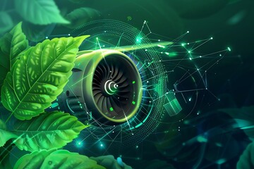 Ecofriendly jet engine technology concept with a closeup of an air lens, leaf and geometric pattern on the background