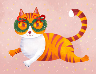Illustration of a pet red cat celebrating Christmas