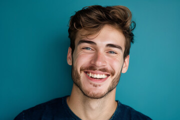 Fototapeta premium A man with a beard is smiling in front of a blue wall