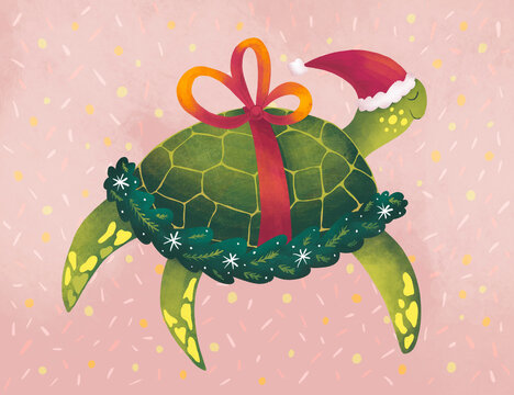 Illustration of a pet turtle celebrating Christmas
