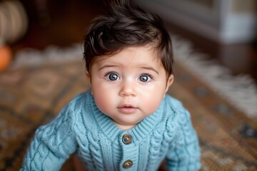 Caucasian baby in light blue sweater, looking at camera - obrazy, fototapety, plakaty