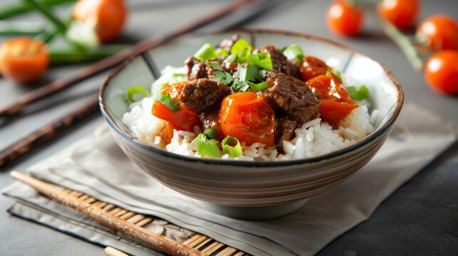 A Chinese-style image showcasing tomato beef stew with rice for a baby food recipe, set against a background that evokes traditional Chinese elements