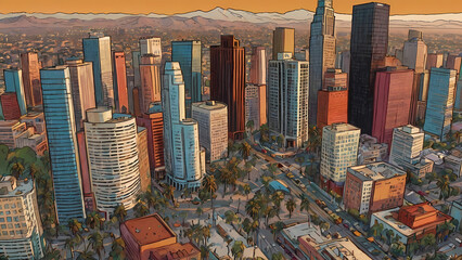 Los Angeles skyline view cartoon style Created With Generative Ai