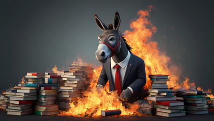 Democrat donkey with books on fire education ban political humor Created With Generative Ai - obrazy, fototapety, plakaty
