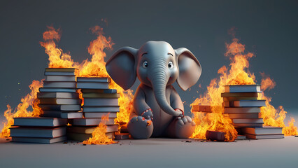 Republican elephant with books on fire education ban political humor Created With Generative Ai - obrazy, fototapety, plakaty