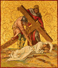 MILAN, ITALY - MARCH 4, 2024: The mosaic Fall of Jesus under the cross as part of Cross way station in the church Chiesa di San Agostino by unknown artist of 20. cent. - 759318076