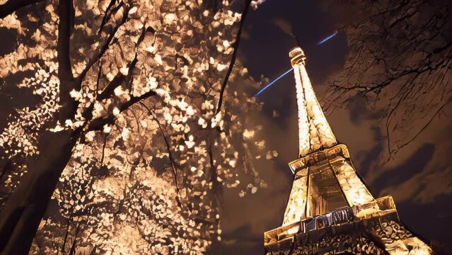 Eiffel Tower adorned with night lights and cherry blossoms during a spring evening.
