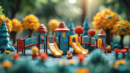 Miniature Toy Playground Amidst a Magical Forest - obrazy, fototapety, plakaty