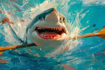 Shark with oar, navigating through sea, cheerful, bright colors, spirited adventure, high resolution DSLR