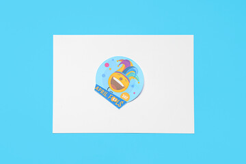 Blank card with funny postcard for April fools Day celebration on blue background