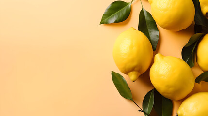 citruses: organic lemons and leaves on side of pastel colored light yellow background with copy...