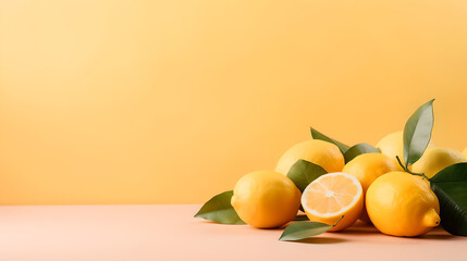 close up of citruses lying on table: organic lemons and leaves on side of pastel colored light yellow background with copy space
 - obrazy, fototapety, plakaty
