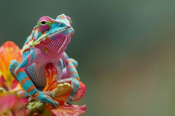 Mimic frog in chameleon dance, rich ecosystem, tranquil, harmonious hues, photographic style
