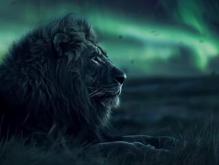 Regal lion, aurora halo, midnight plains, serene gaze, ethereal glow, Hyper realistic