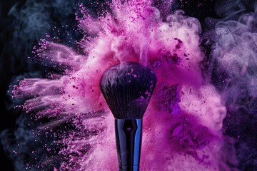 Makeup brush with pink powder and smoke on dark background