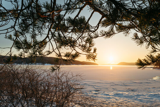Beautiful winter landscape at sunrise.
