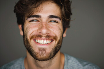 Fototapeta premium A man with a beard and freckles smiles for the camera