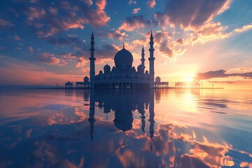 blue sky with beautiful clouds, reflection of the mosque in water puddle at sunset, kuala lumpur mosque in the background - obrazy, fototapety, plakaty