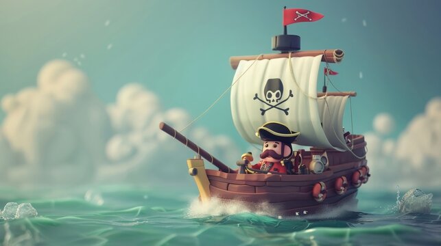 A lovely portrayal of a pirate piloting their ship with determination and charm 3D minimalist