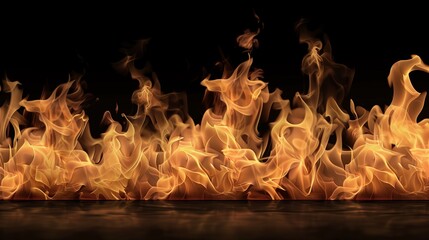 Fototapeta premium A breathtakingly realistic image of fire flames, artfully captured as if through the lens of a high-definition camera against a pure black background.