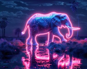 An elephant is jogging along a riverbank its massive body moving with surprising agility. neon track 3d isomatic